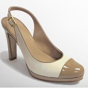 Tahari London Leather Slingback Platform Heels Ivory Beige‎ Cap Toe Old money